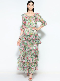 Elegant Floral Print Stitching Prom Dress